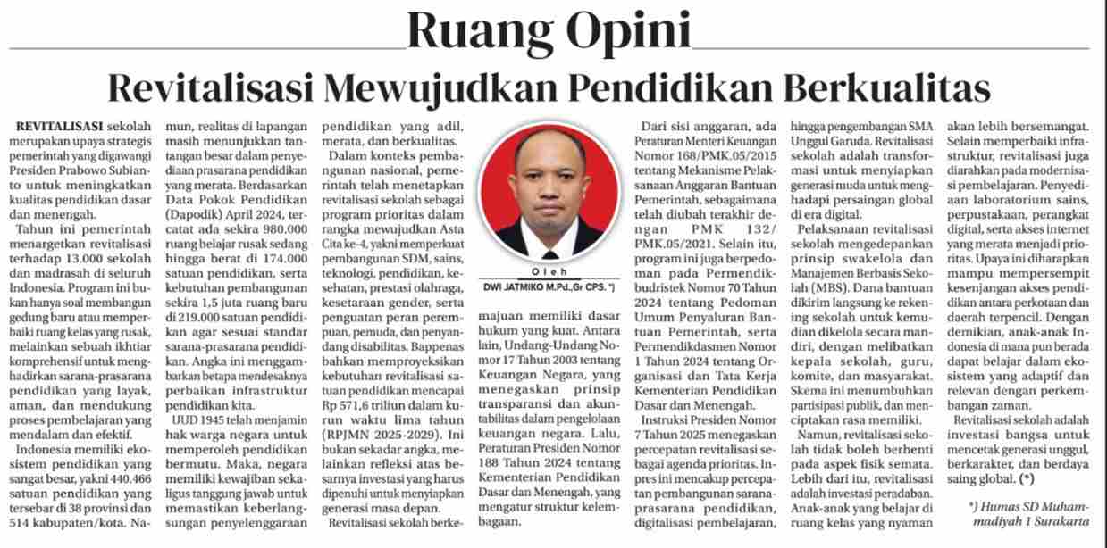 Fokus revitalisasi ini mencakup pembangunan tiga unit toilet baru, perbaikan ruang kelas, serta penyediaan area bermain